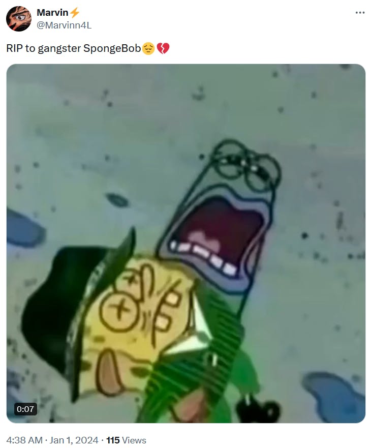 Gangster SpongeBob meme with the character dying in another's arms.