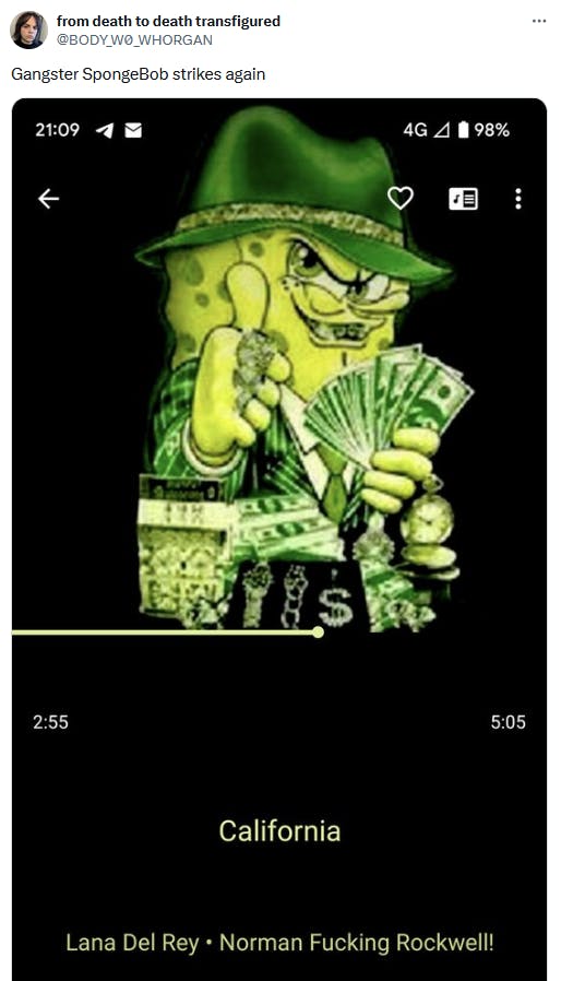 Gangster SpongeBob meme with the fan art appearing as a music streaming track image.