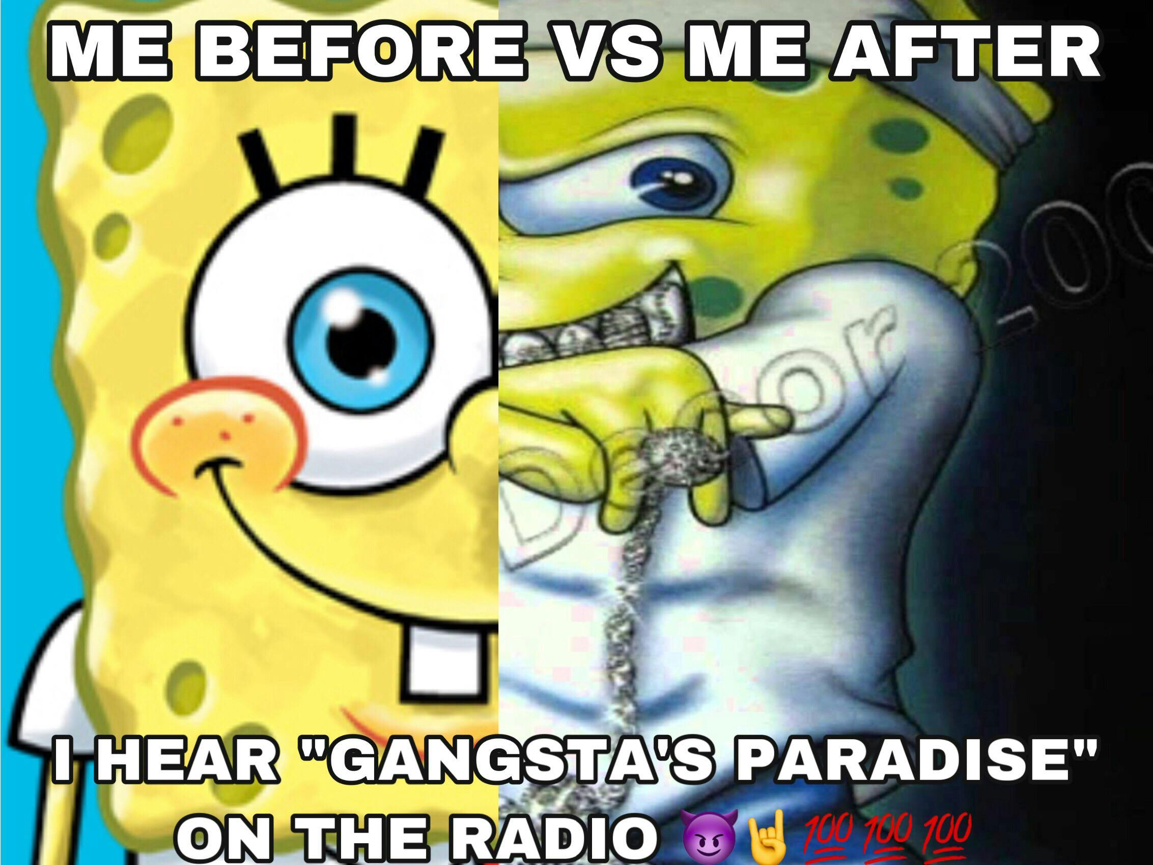 Gangster SpongeBob meme with a split image of half regular and half gangster SpongeBob Squarepants.