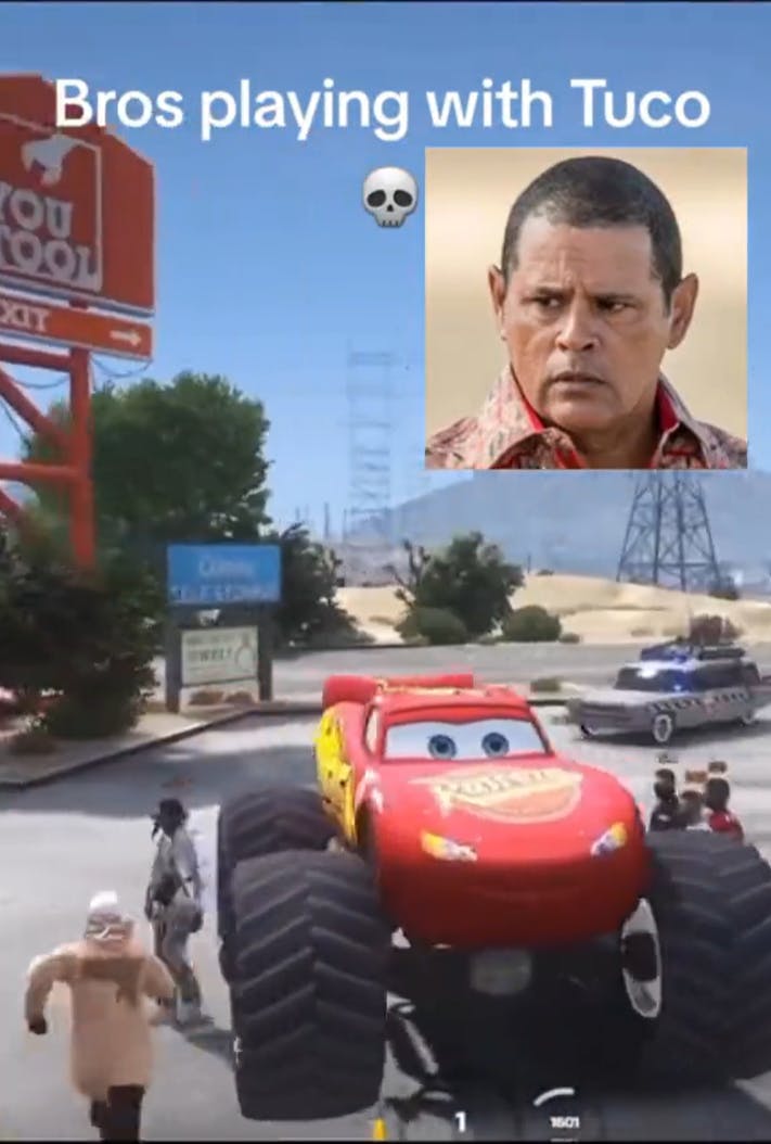 Screenshot of the character Tuco Salamanca in the top right corner of a TikTok, overlayed on top of a video game screenshot of Lightning McQueen. Text overlay reads, 'Bros playing with Tuco'