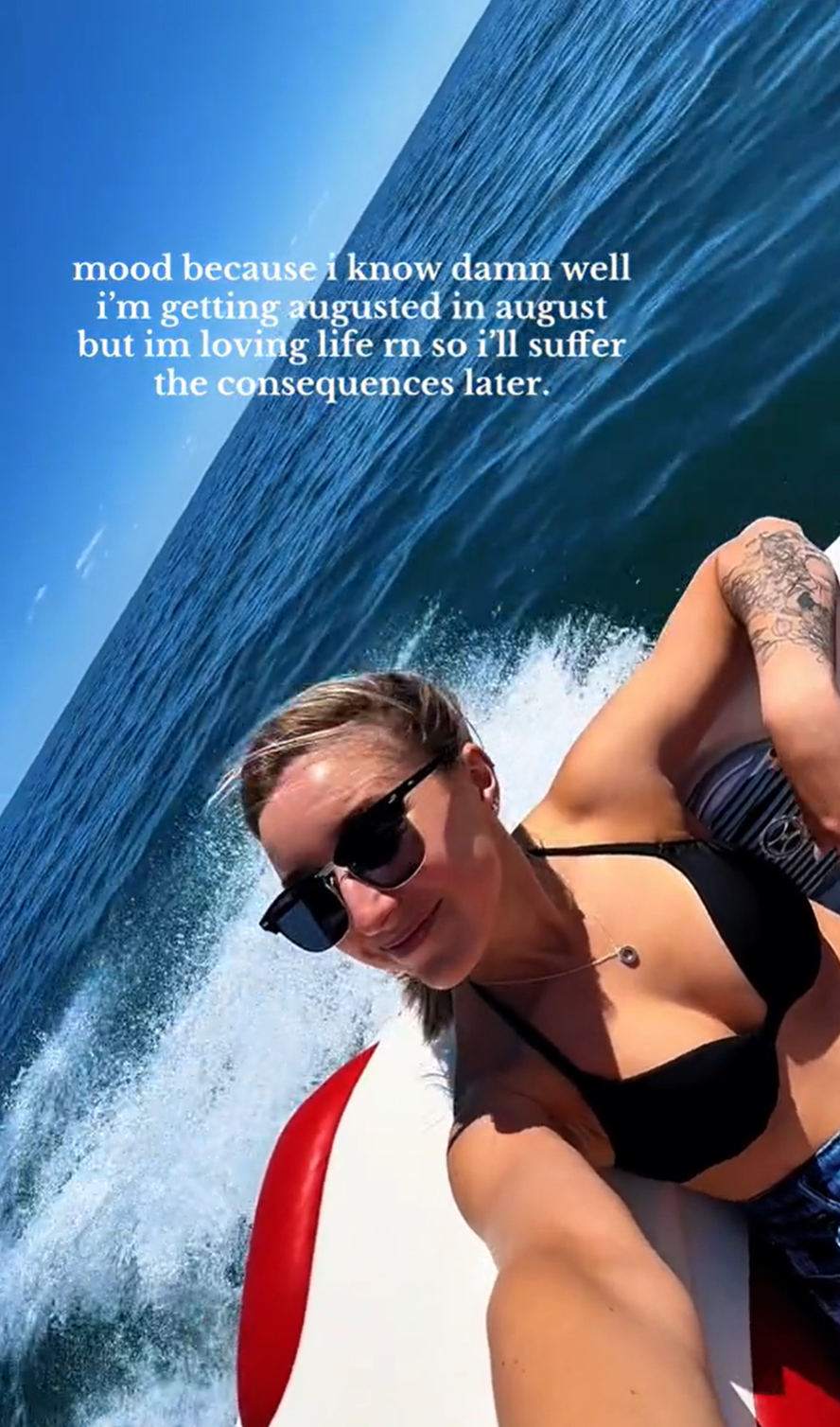 Blonde woman in a speed boat on the open water. Text overlay reads, 'mood because i know damn well i'm getting augusted in august but im loving life rn so i'll suffer the consequences later.'