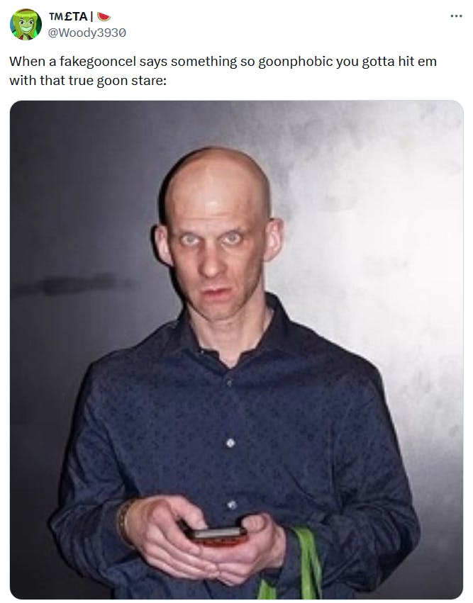 Gooning meme with a bald man staring into the camera.