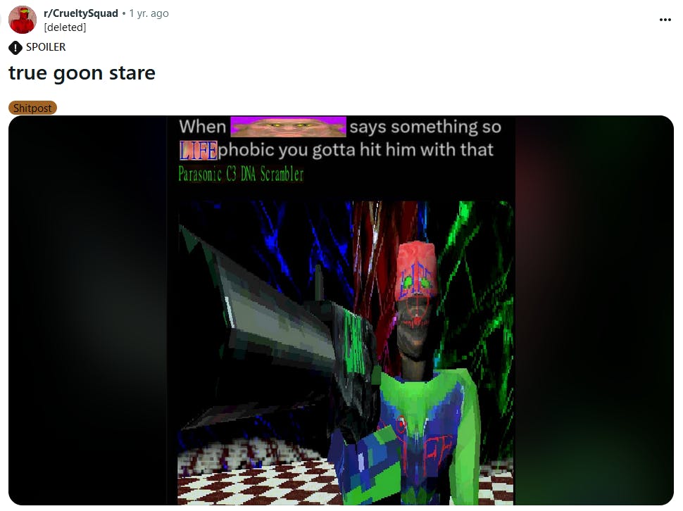 Gooning meme with a screenshot from a bizarre video game.