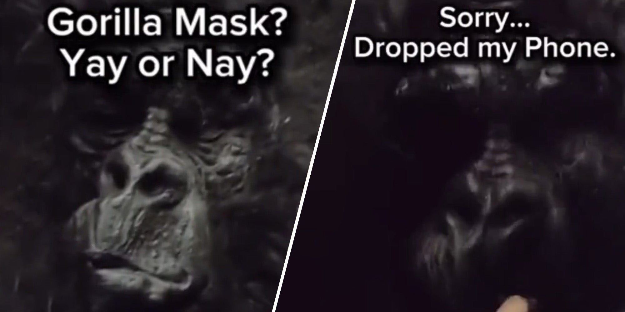 gorilla mask with caption 'Gorilla Mask? Yay or Nay?' (l) gorilla mask with c 'Sorry...Dropped my Phone.' (r)