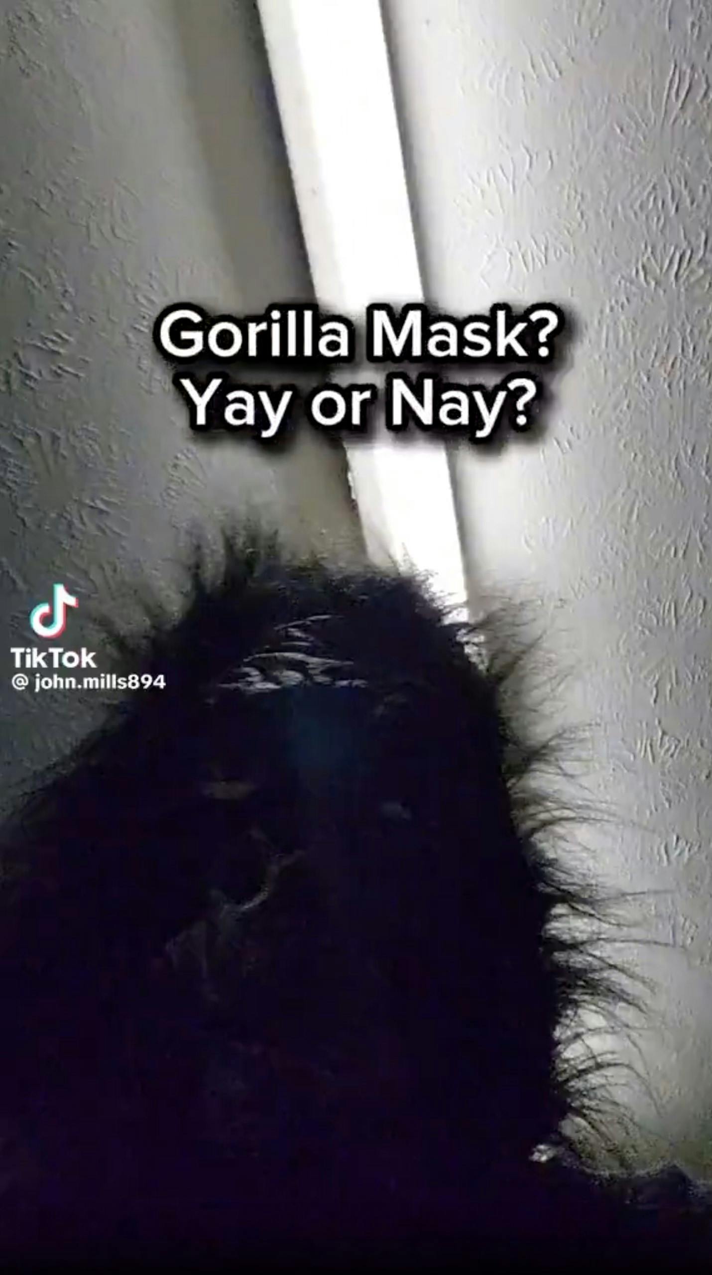 View from below of a man wearing a gorilla mask. Text overlay reads, 'Gorilla Mask? Yay or Nay?'