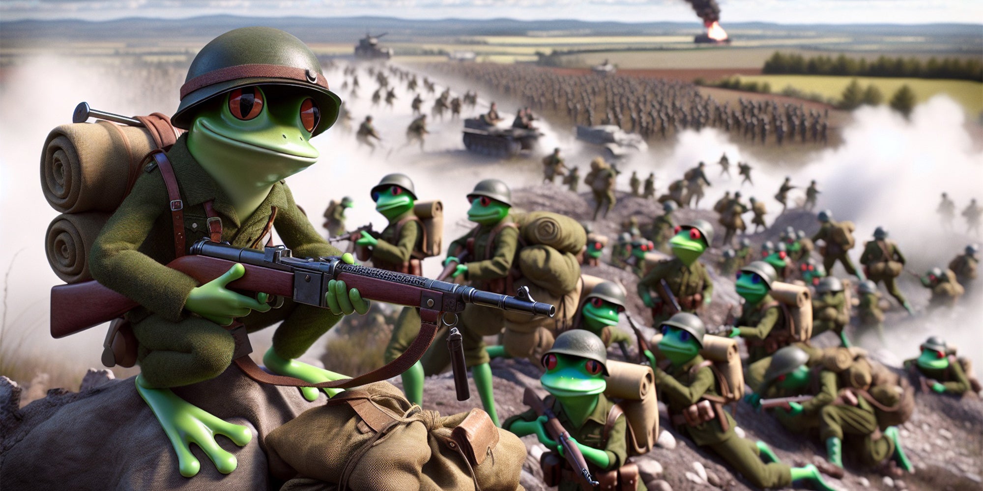 Frogs dressed as soldiers with war in background