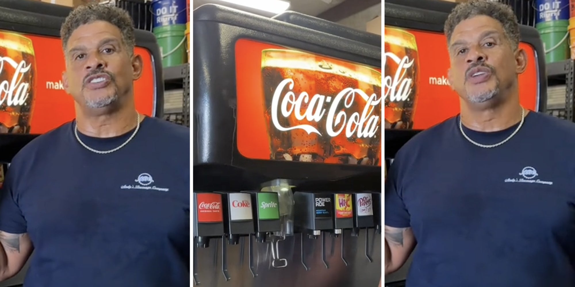 Man talking(l+r), Soda fountain(c)