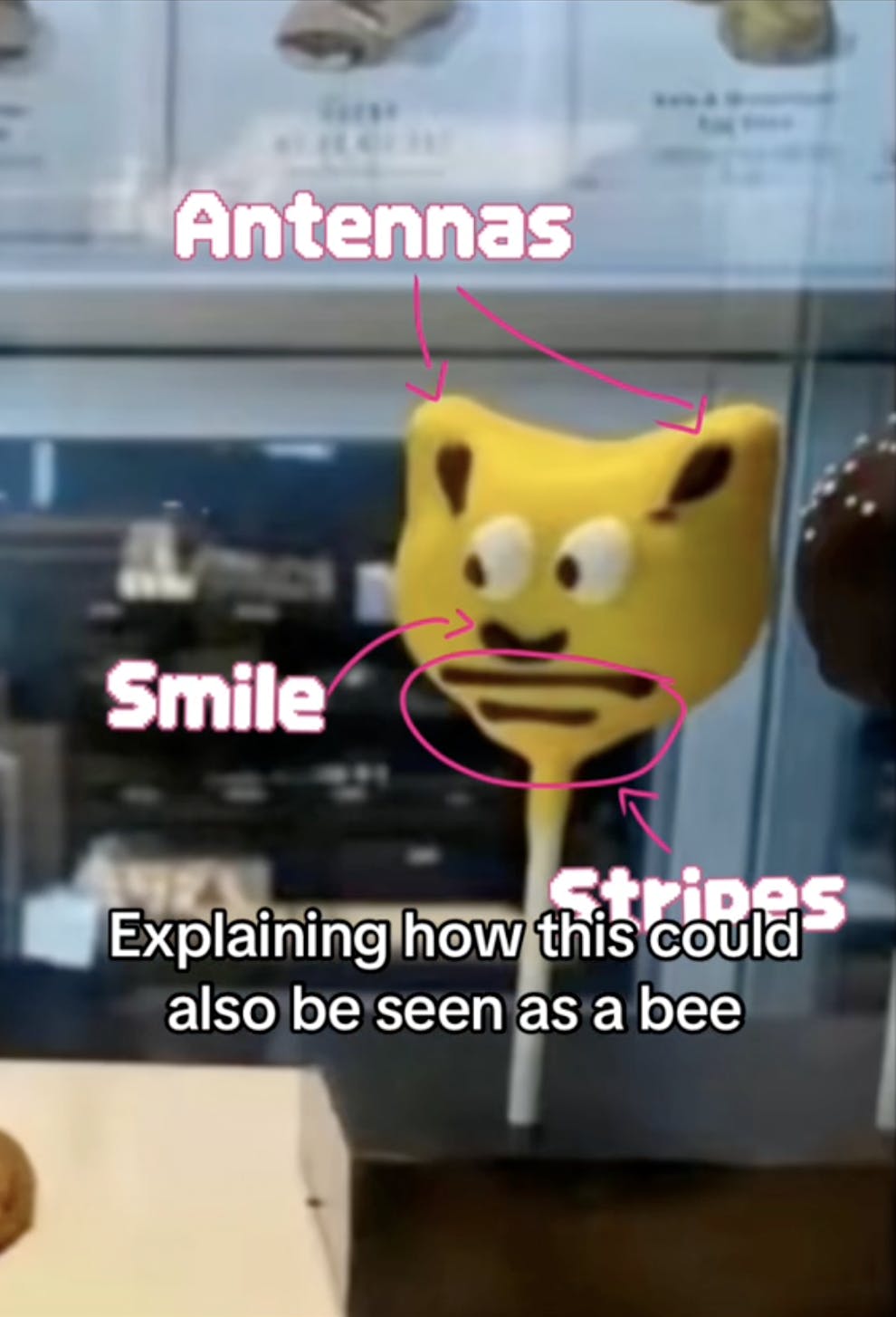 Screenshot of the 'he wants that cookie so bad' meme bumblebee with labels marking the bee's antennae, smile, and stripes. Text overlay reads, 'Explaining how this could also be seen as a bee.'