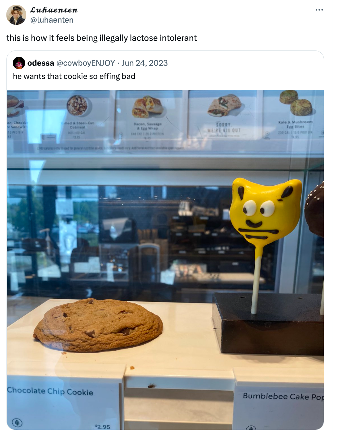 Quote retweet of the 'he wants that cookie so bad' meme. Text reads, 'this is how it feels being illegally lactose intolerant'