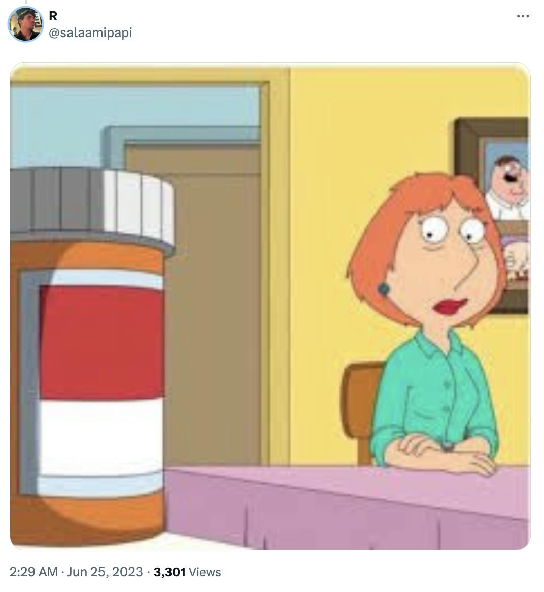 Lois Griffin staring at a pill bottle, implying the 'he wants that cookie so bad' meme.