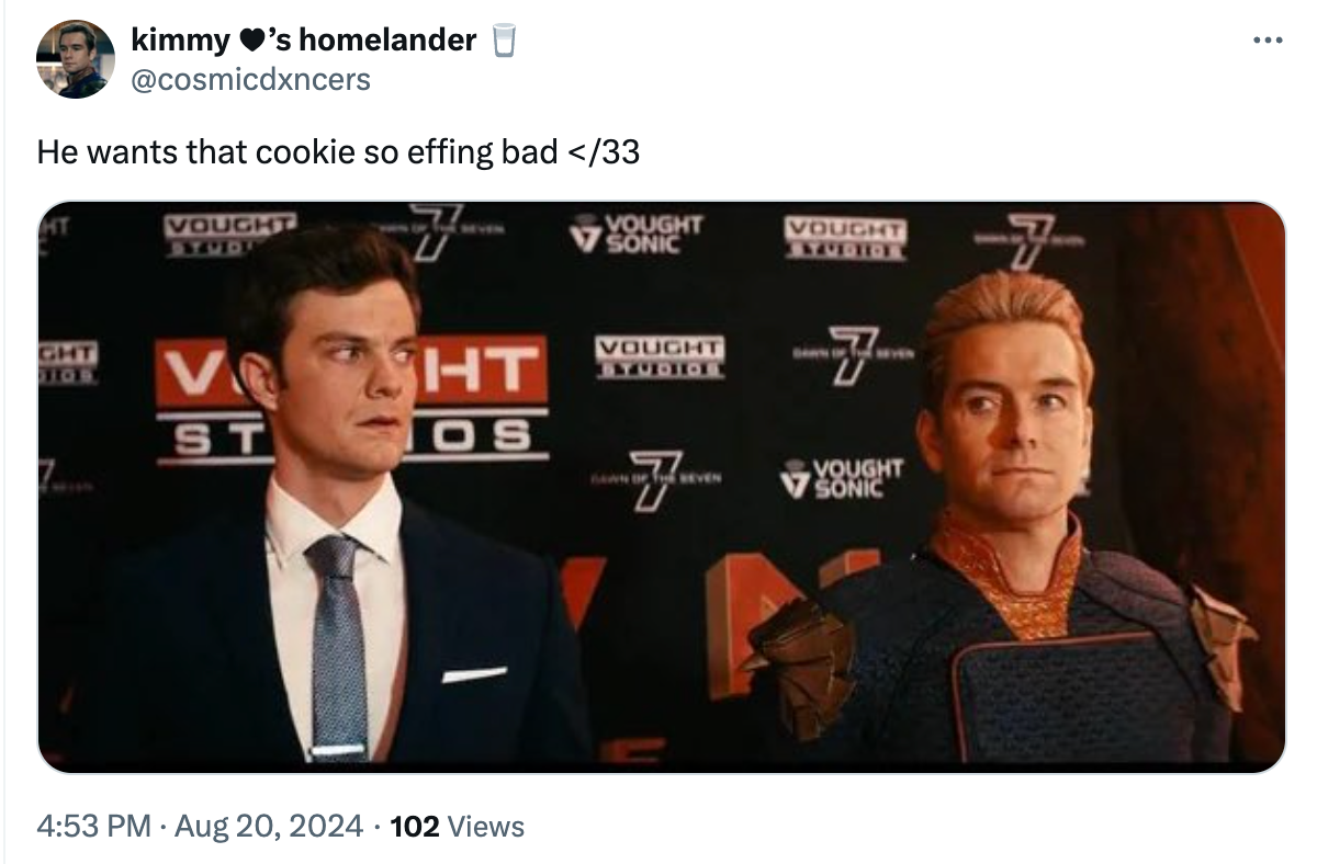 Screenshot from The Boys of one character staring at another similar to the 'he wants that cookie so bad' meme.