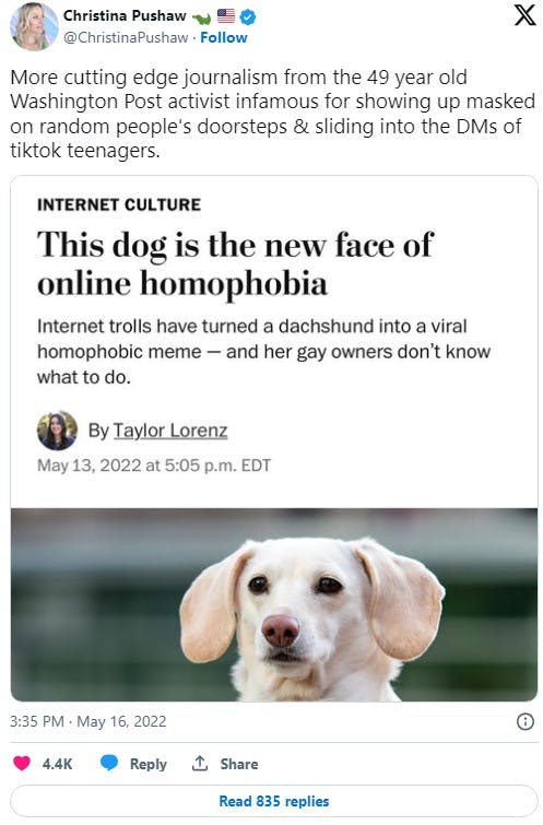 Christina Pushaw reacts to fake homophobic dog headline