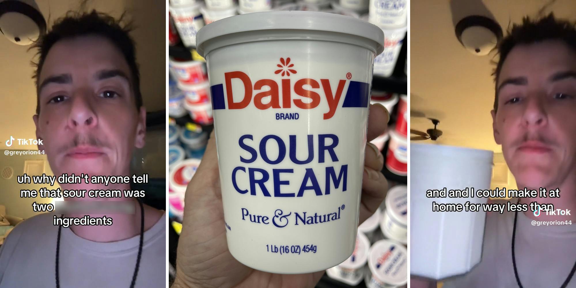 young man with caption "uh why didn't anyone tell me that sour creawm was two ingredients" (l) sour cream (c) young man with caption "and and I could make it at home for way less than" (r)