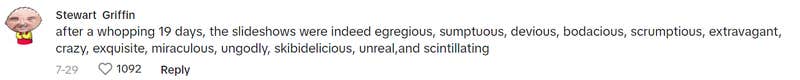 TikTok comment that reads, "after a whopping 19 days, the slideshows were indeed egregious, sumptuous, devious, bodacious, scrumptious, extravagant, crazy, exquisite, miraculous, ungodly, skibidelicious, unreal,and scintillating"