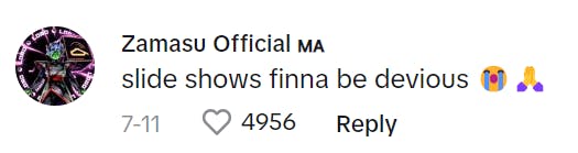 TikTok comment that reads, 'slide shows finna be devious (crying praying emojis)'