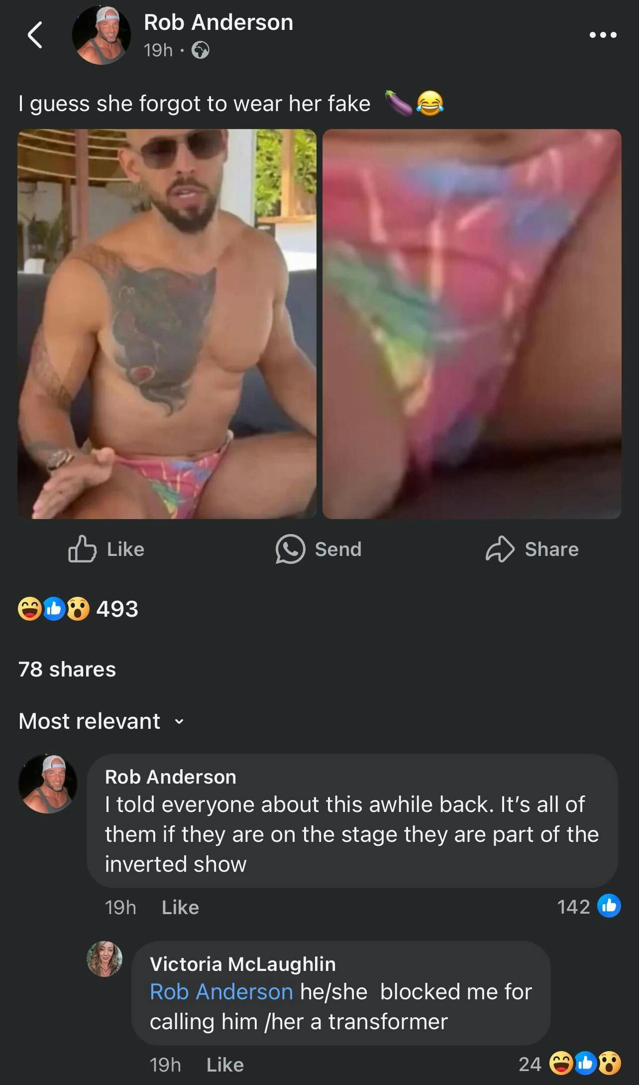 Facebook screen-cap of Rob Anderson theorizing Andrew Tate's cock isn't visible enough in a pink bikini.