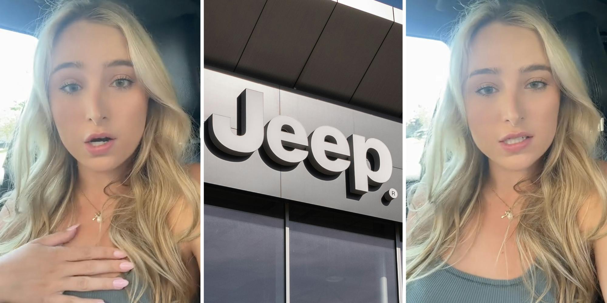 Woman talking(l+r), Jeep sign(c)