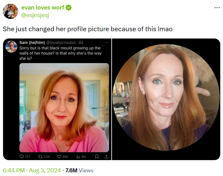 J.K. Rowling black mold meme comparing her moldy old profile photo to her new one.