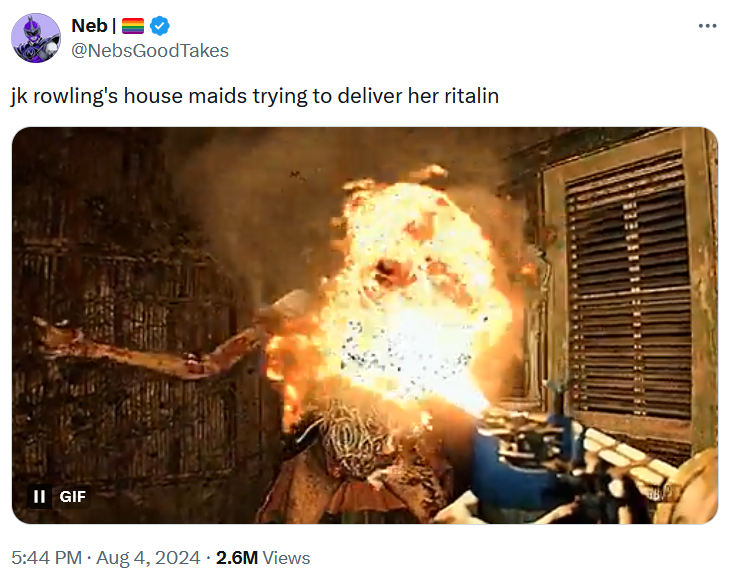 J.K. Rowling black mold meme with a video game gif.