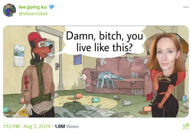 J.K. Rowling black mold meme mixed with the 'damn, bitch, you live like this?' meme.