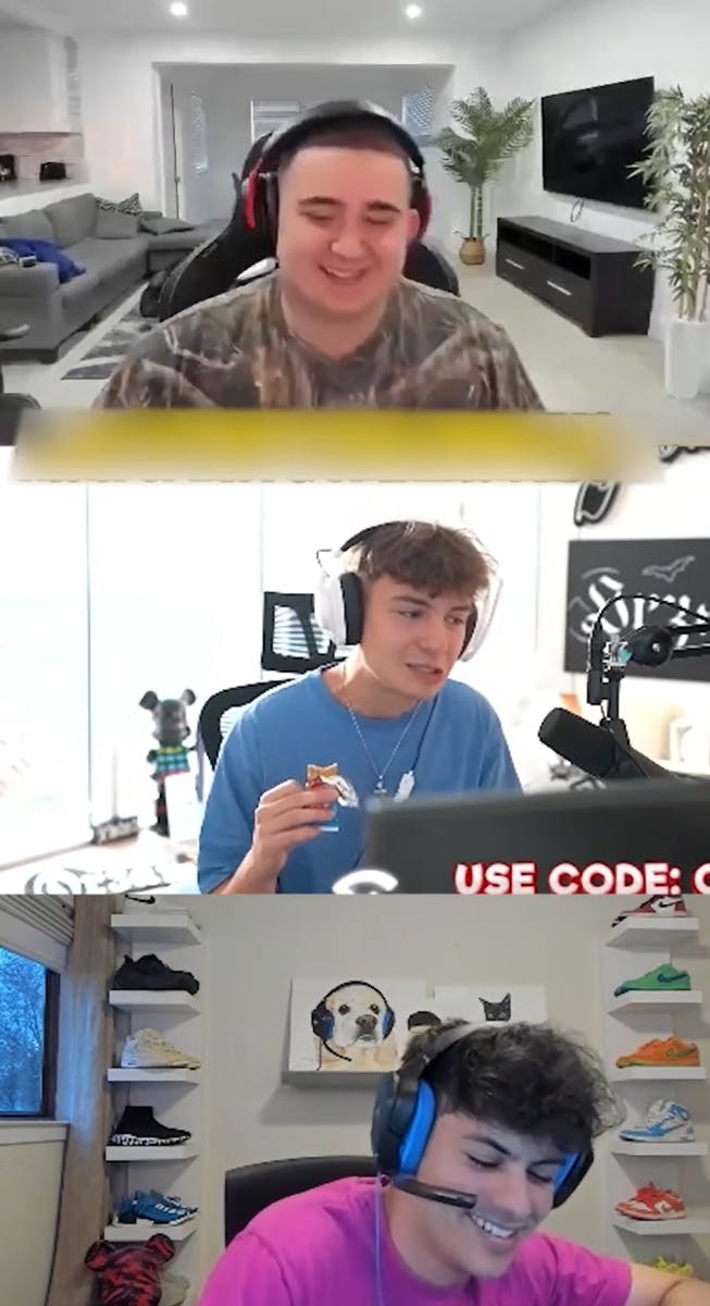 A split-screen TikTok screenshot of three young men in headphones, the top and bottom ones pranking the middle one with saying 'just give me my money.'