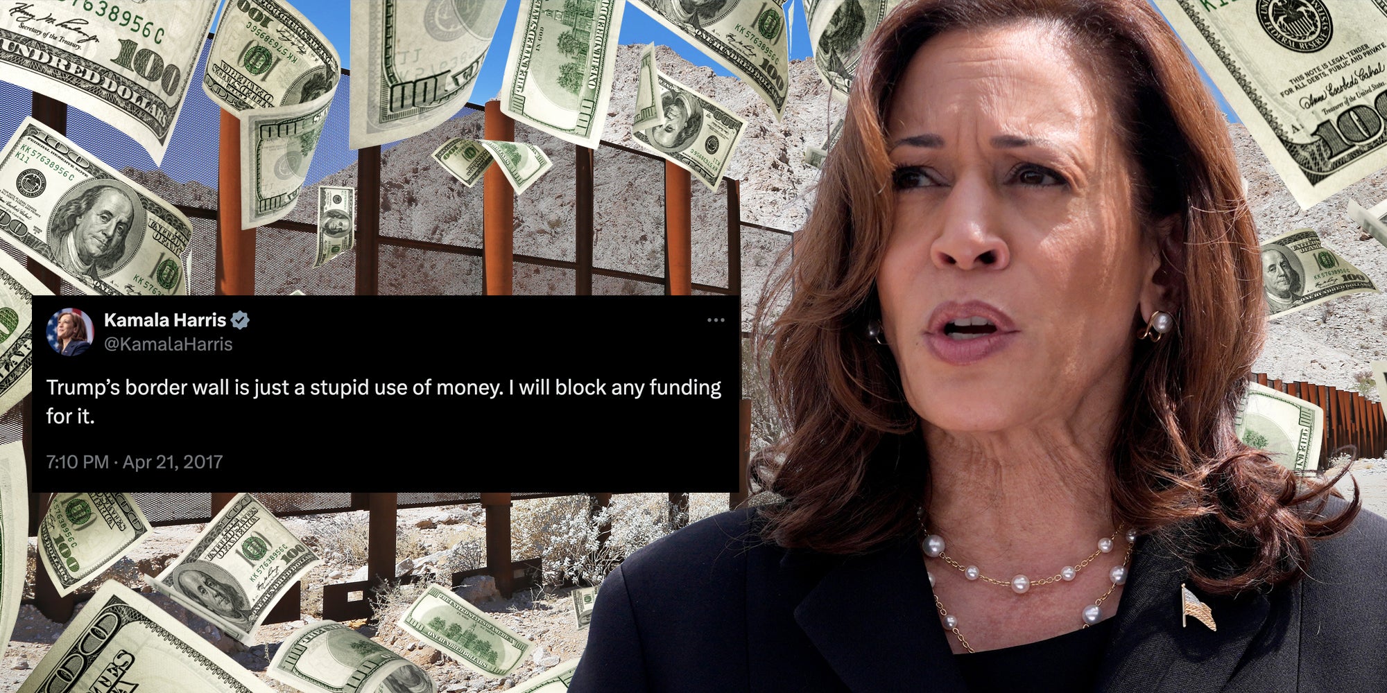 Kamala Harris over border wall, money and old tweet that says 'Trump's border wall is just a stupid use of money. I will block any funding for it.'