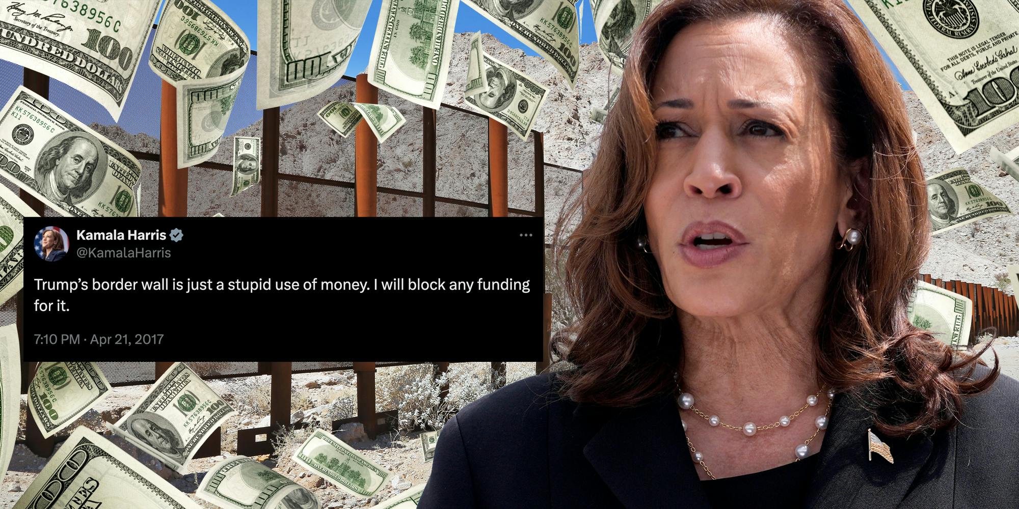 Kamala Harris over border wall, money and old tweet that says "Trump's border wall is just a stupid use of money. I will block any funding for it."