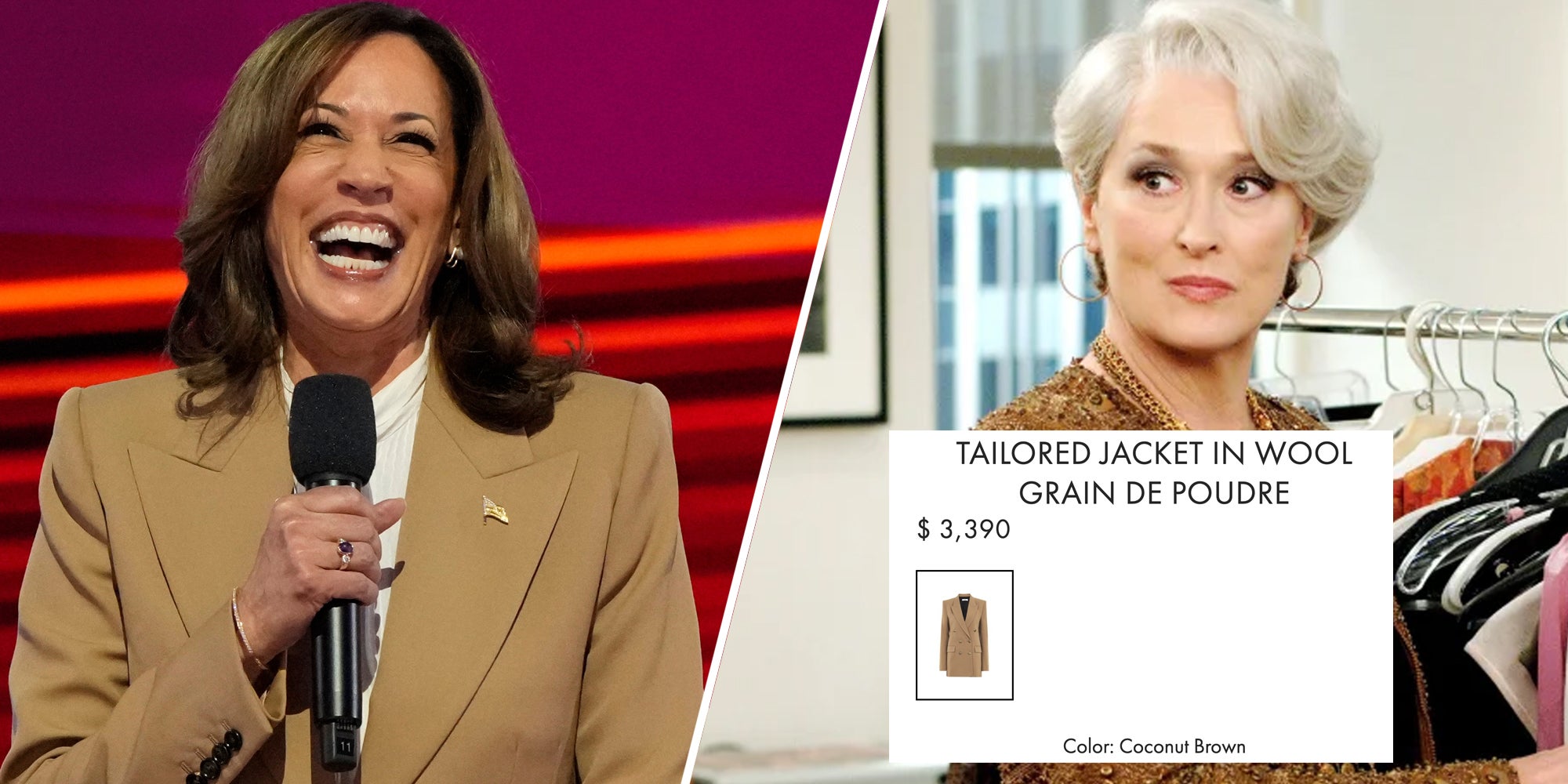 Kamala Harris(l), Meryl Streep in Devil Wears Prada with screenshot from Chloe site(r)