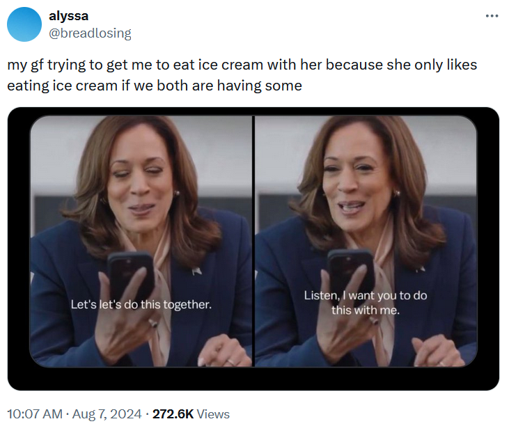 Kamala let's do this together meme about eating ice cream.