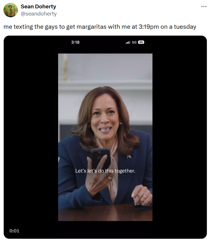 Kamala let's do this together meme about getting afternoon drinks.