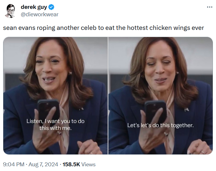 Kamala let's do this together meme about Hot Ones.