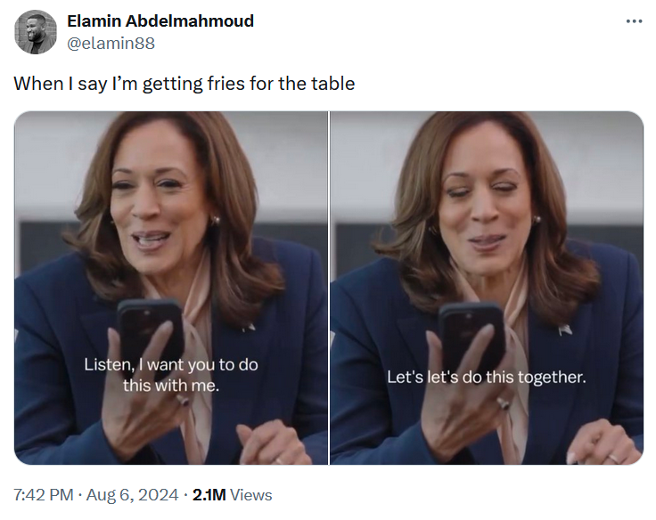 Kamala let's do this together meme about getting fries for the table.