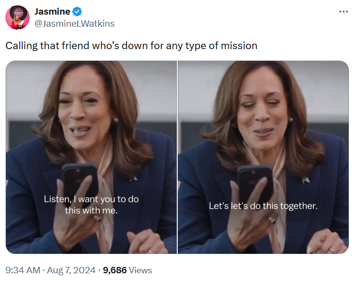 Kamala let's do this together meme about friends who are down.