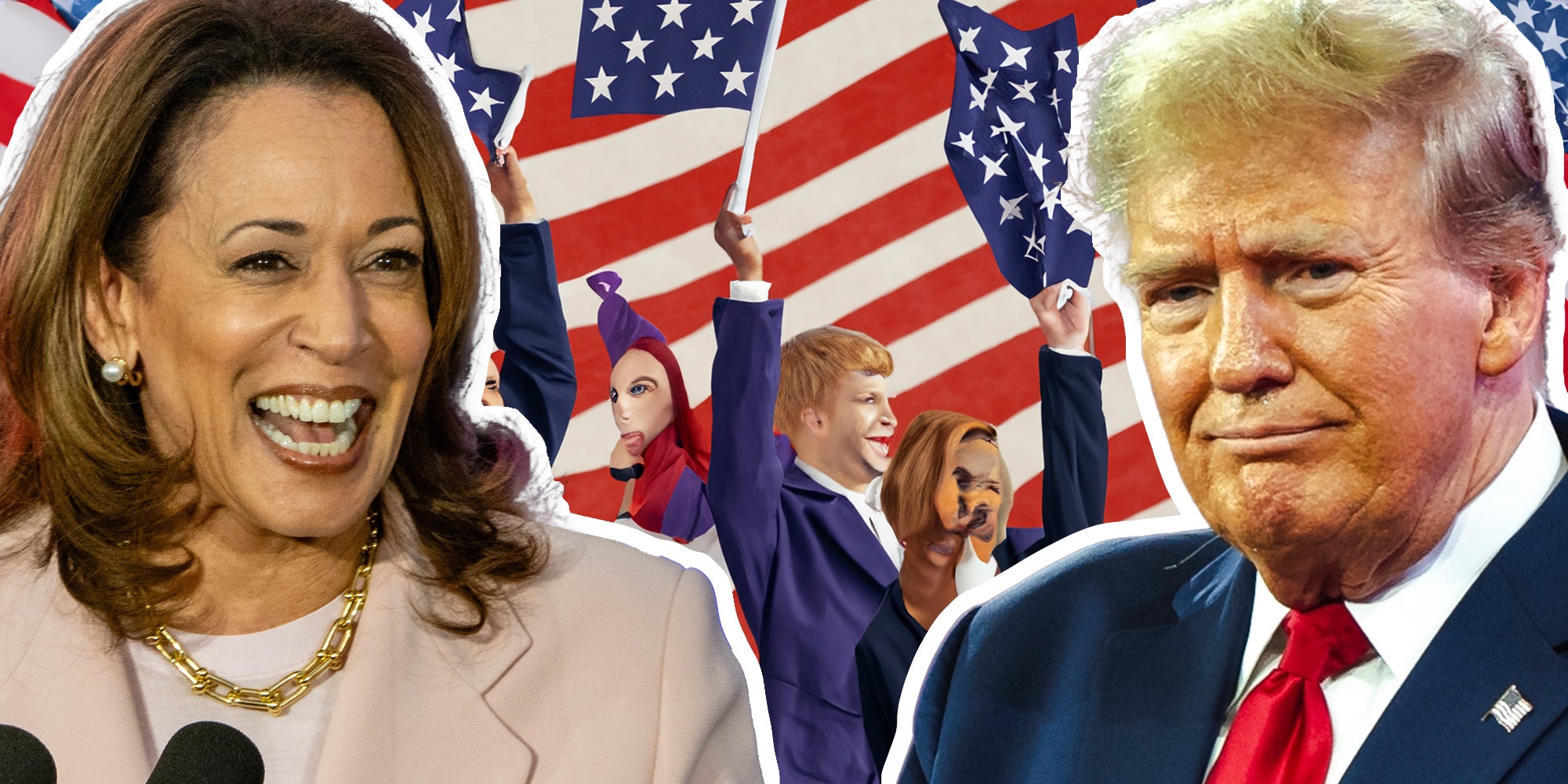 Kamala Harris (l) Donald Trump (r) fake AI people waving flags (background)