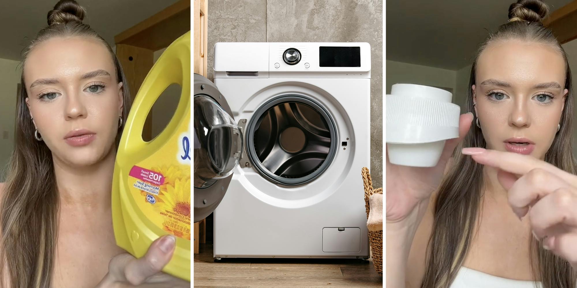 Woman showing off laundry detergent(l+r), Washing machine(c)