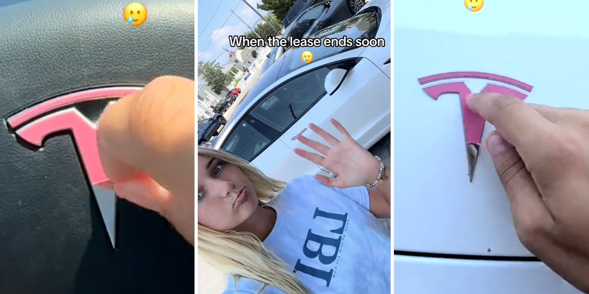 Hand peeling pink off of tesla symbol(l+r), Woman waving in front of tesla(c)