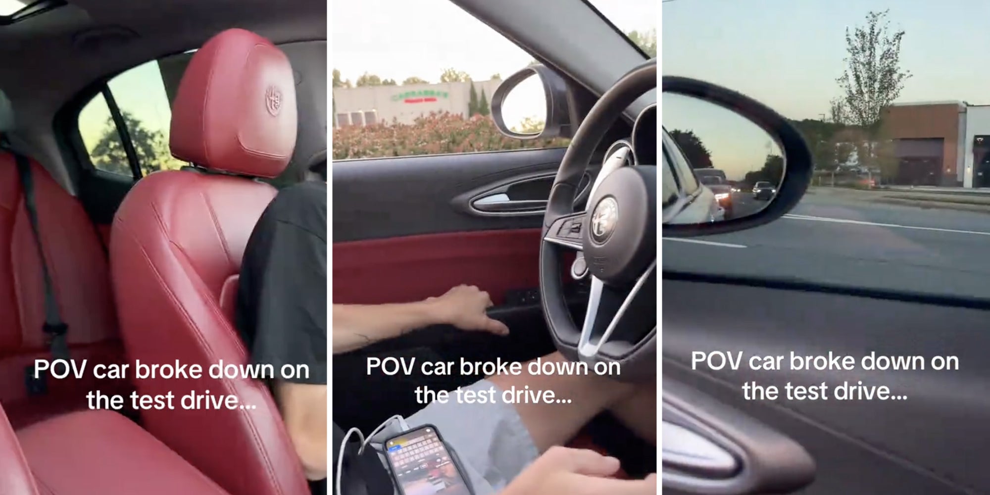 Interior of car with text that says 'POV car broke down on the test drive...' (three split)