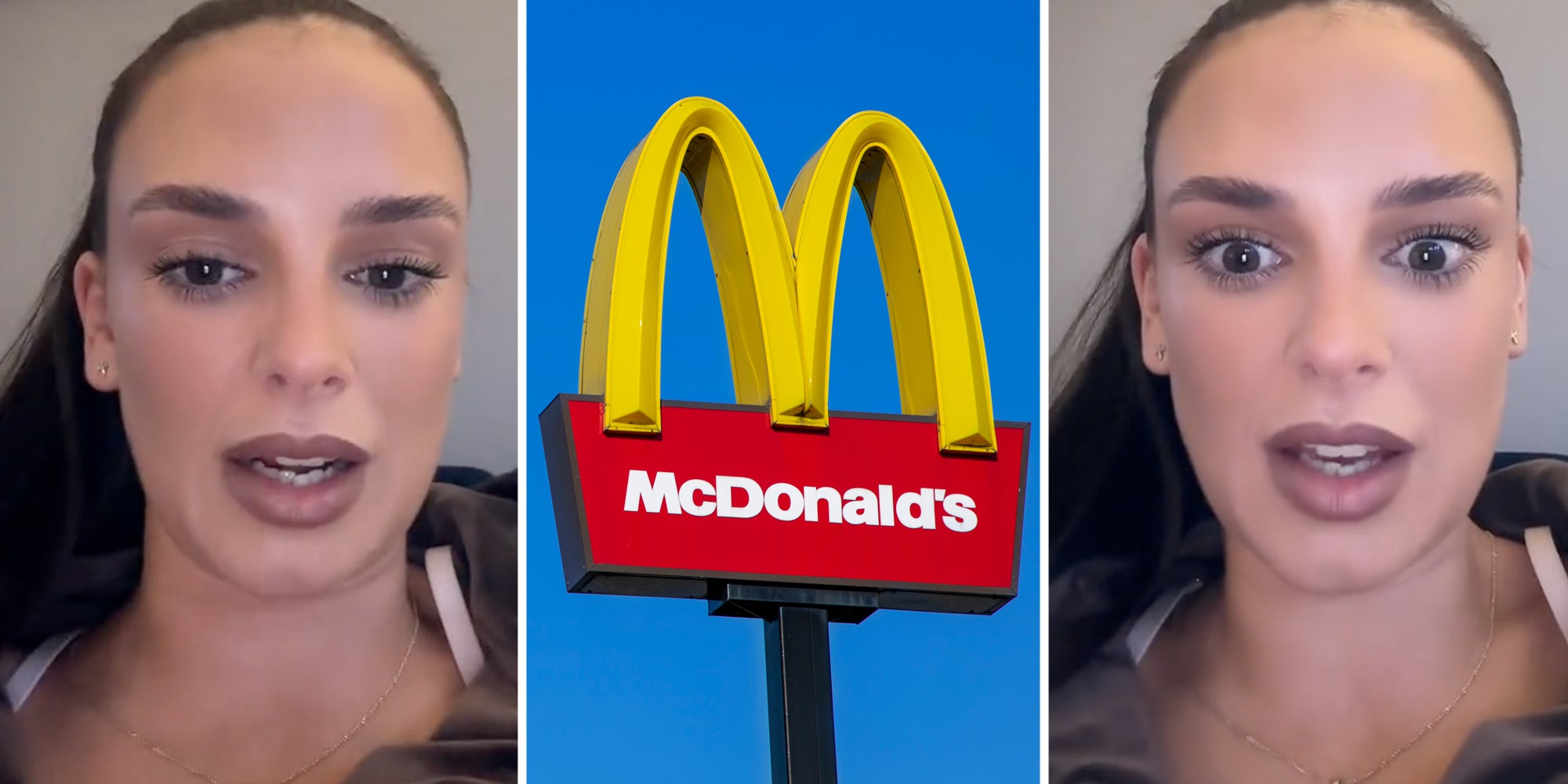 Woman talking(l+r), McDonald's arches(c)