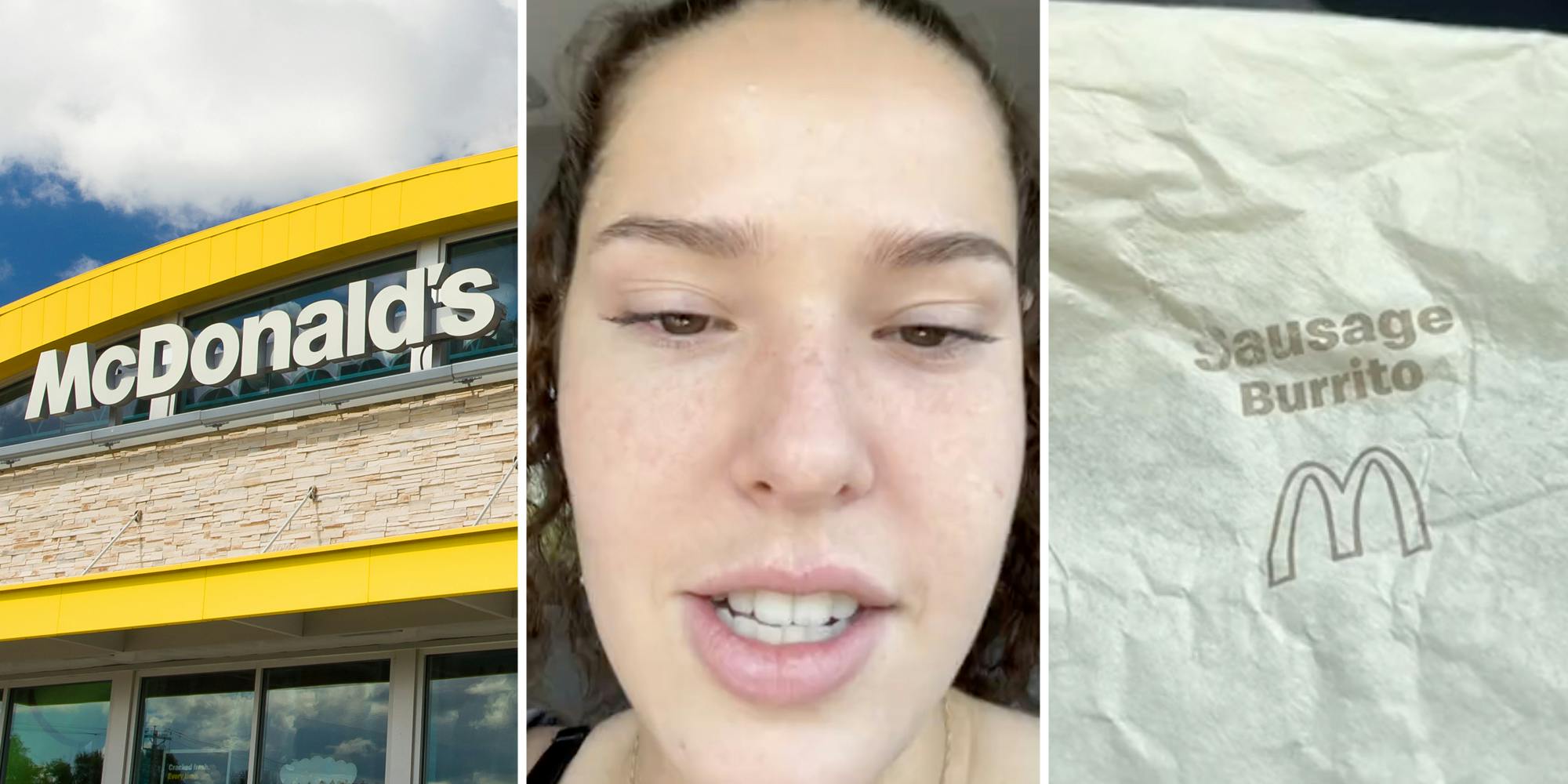 McDonald's(l), Woman talking(c), Breakfast burrito wrapper(r)