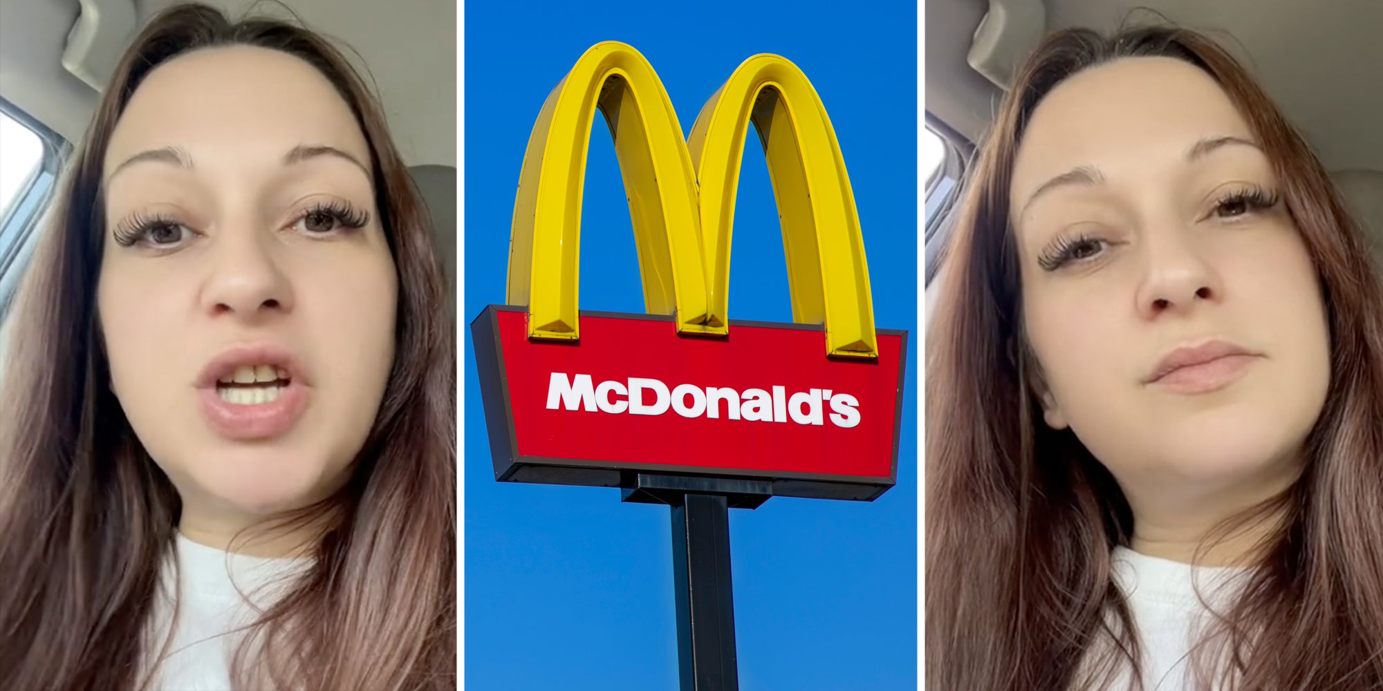 Woman talking(L+r), McDonalds sign(c)