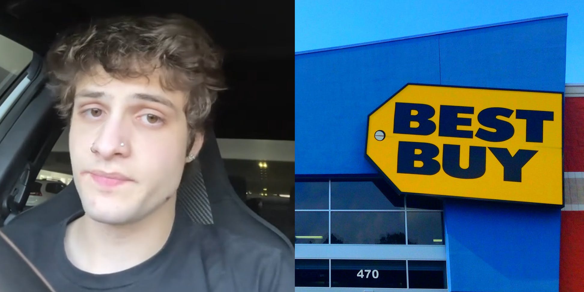 A person looking at the camera next to a Best Buy sign.