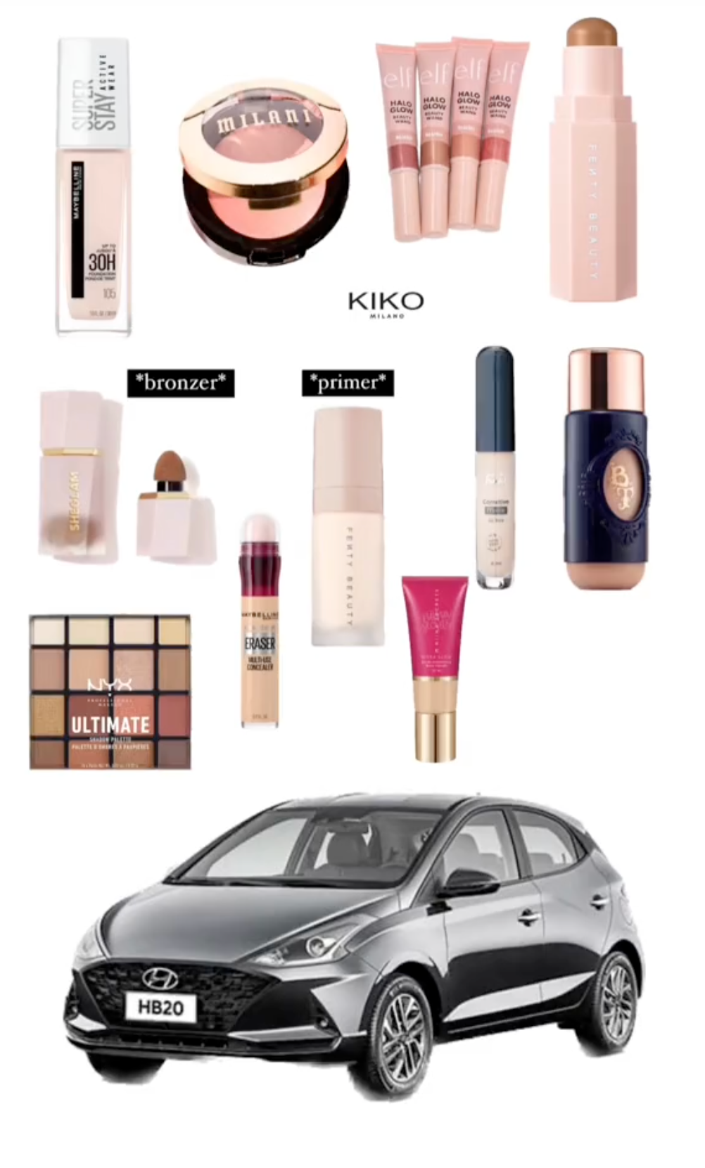 Screenshots of makeup products and a car, comparing the two for the 'me explaining makeup to men' trend.