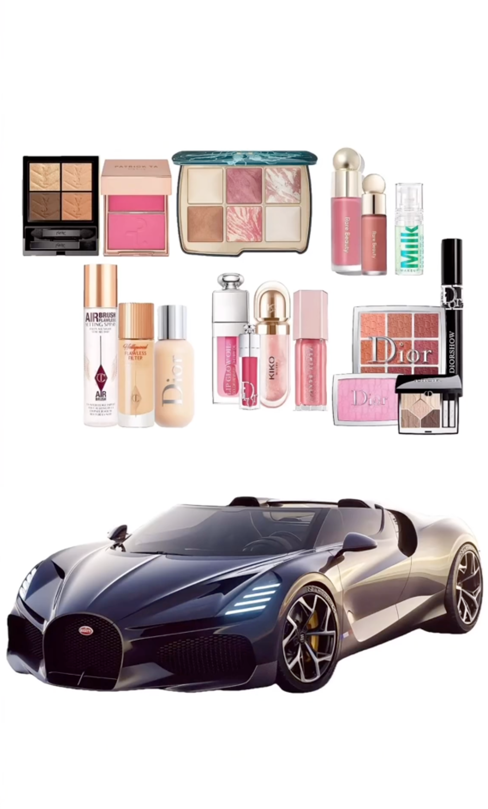 Screenshots of makeup products and a car, comparing the two for the 'me explaining makeup to men' trend.