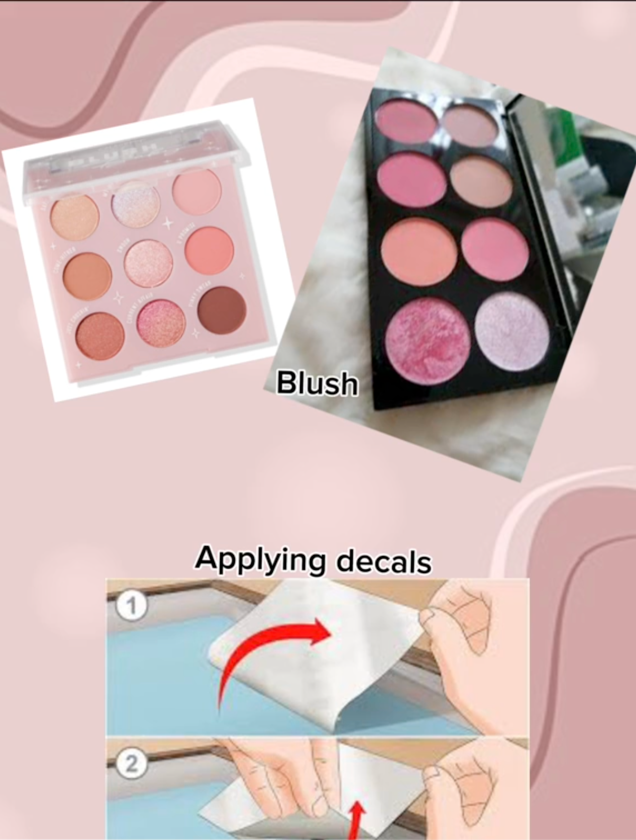 Screenshots of blush and applying decals to a car, comparing the two for the 'me explaining makeup to men' trend.