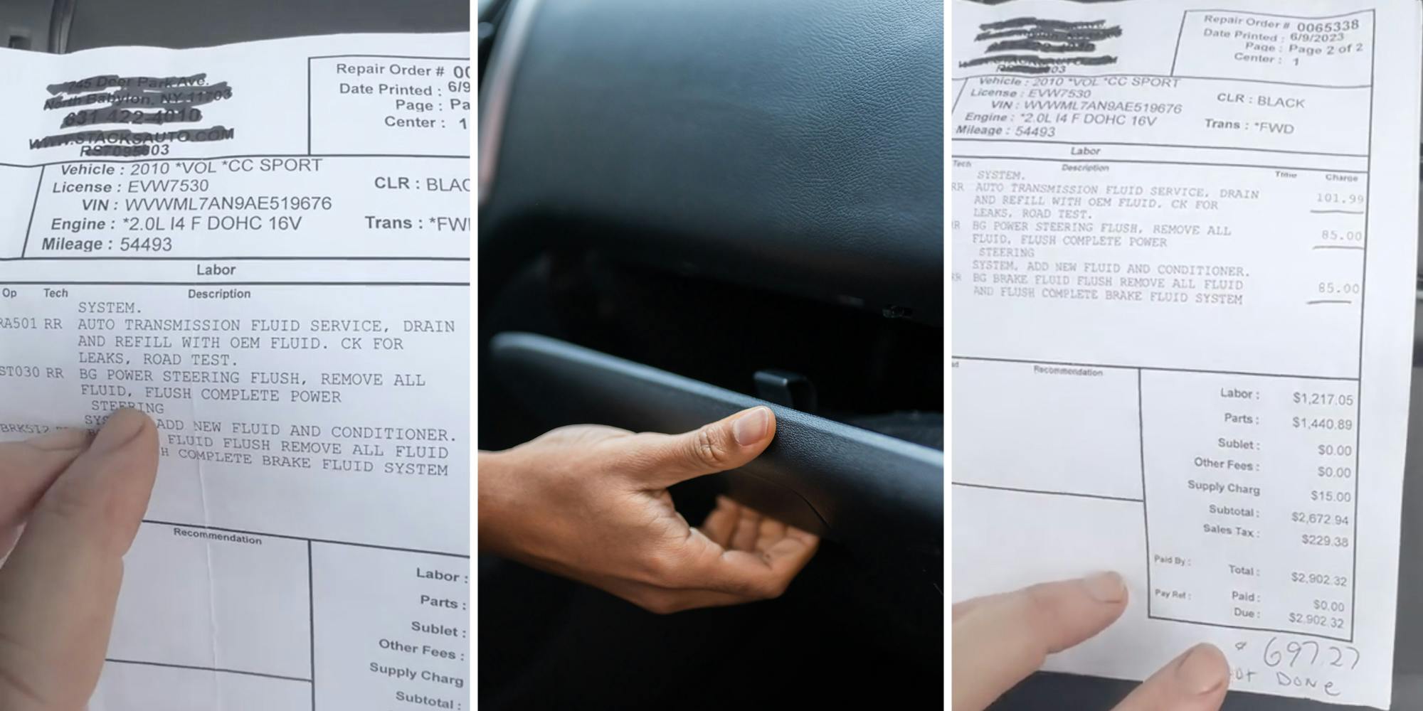 Paperwork(l+r), Hand opening up glove compartment(c)