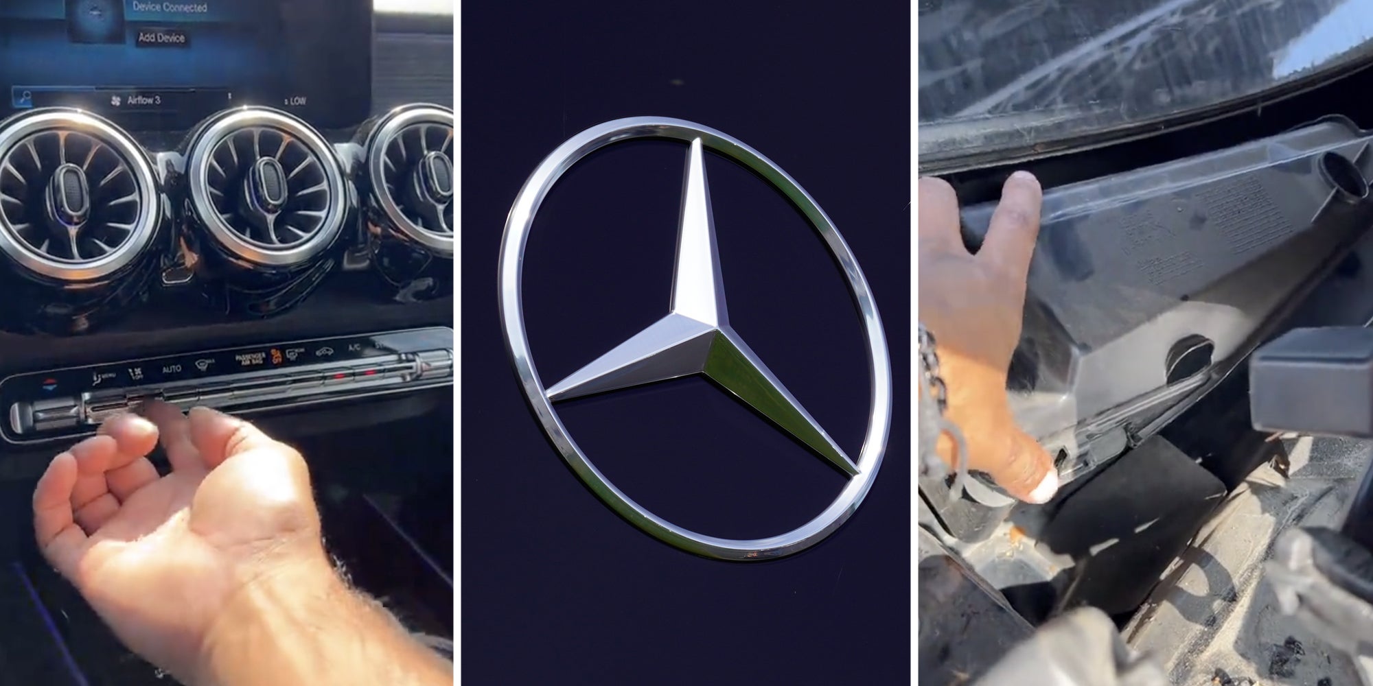 Hand flicking air conditioning(l), Mercedes Benz sign(c), Hand inside car(r)
