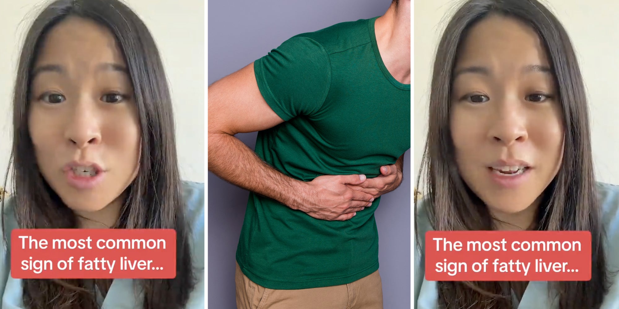 Woman talking with text that says 'The most common sign of fatty liver...'(l+r), Man grabbing stomach(c)
