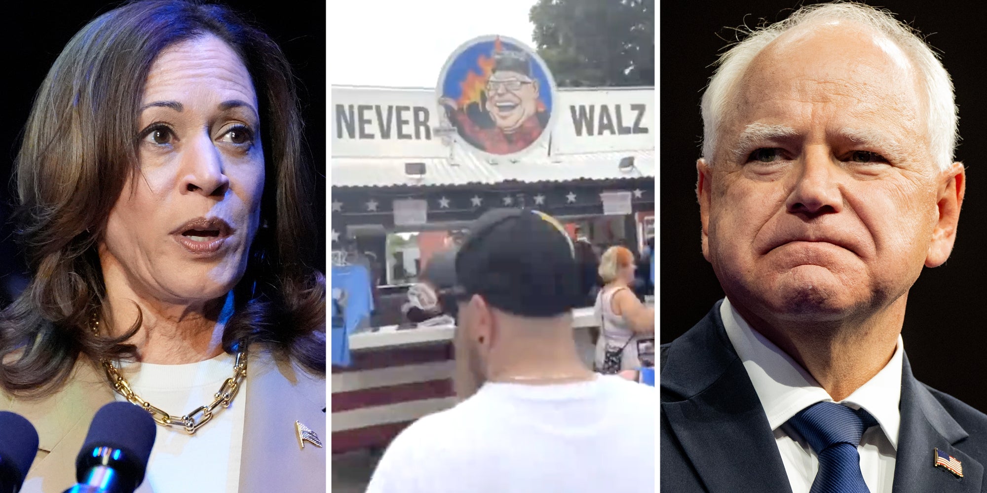 Kamala Harris(l), Never walz booth(c), Tim Walz(r)