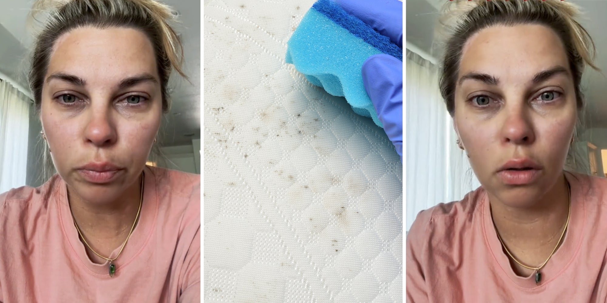 Woman talking(l+r), Hand with sponge scrubbing mold(c)