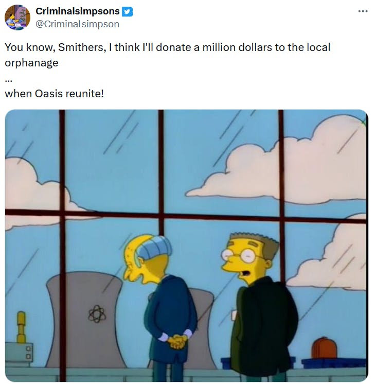 Oasis reunion meme with a screenshot from The Simpsons.